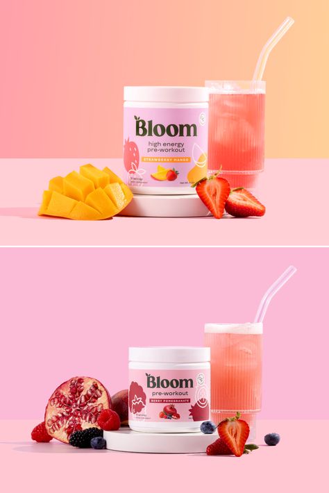 Female Packaging Design, Supplement Branding Design, Bloom Supplements, Supplement Product Photography, Supplement Photoshoot, Supplement Branding, Vitamin Packaging, Bloom Nutrition, Ingredients Photography