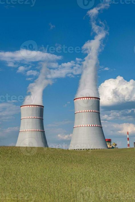 Cooling towers of nuclear power plant against the blue sky Cooling Tower, The Blue Sky, Nuclear Power Plant, Vector Sketch, Nuclear Power, Power Plant, Free Stock Photos, Sky Blue, Blue Sky