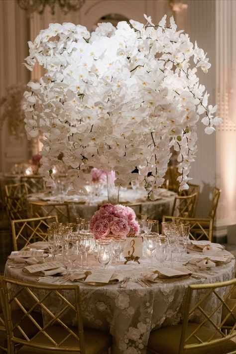 Stunning white orchid arrangement with pink peony accents. A statement for a luxurious wedding table setting. Cherry Blossom Wedding Centerpieces, White Orchid Arrangement, White Orchid Centerpiece, Peonies Wedding Centerpieces, Orchid Centerpiece, Elegant Wedding Table, Wedding Table Setup, Orchid Centerpieces, Cherry Blossom Wedding