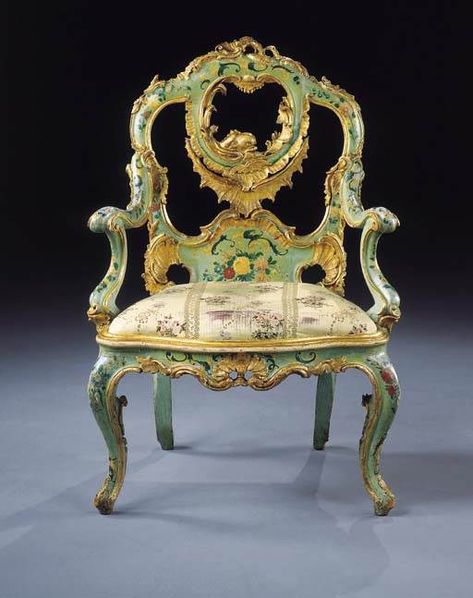 date unspecified AN ITALIAN PALE GREEN POLYCHROME-DECORATED AND PARCEL-GILT ARMCHAIR  MID-18TH CENTURY, VENICE  Price realised GBP 157,750 Italian Style Furniture, Venetian Furniture, Louis Xvi Furniture, Classic Italian Style, Rococo Furniture, Baroque Decor, Antique French Furniture, French Style Furniture, European Furniture