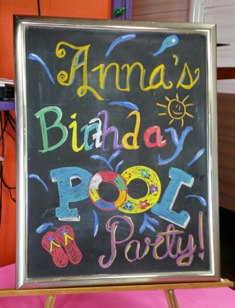 Pool party chalkboard Pool Party Chalkboard Sign, Party Chalkboard, Chalkboard Stand, Chalkboard Calendar, Chalkboard Ideas, Chalkboard Sign, Chalkboard Signs, Chalkboard Art, Birthday Sign