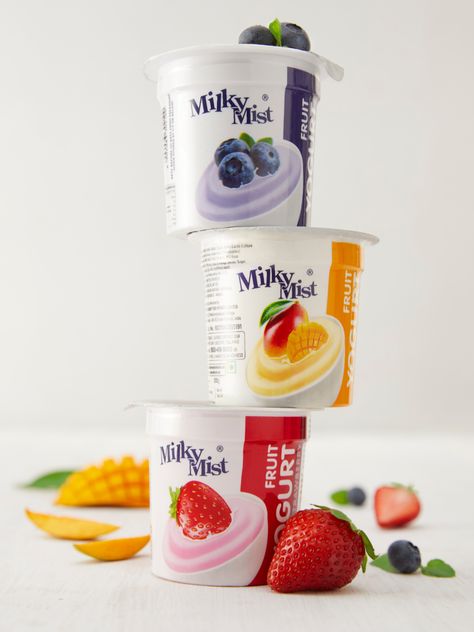 The fruity flavours of Milky Mist yoghurts are a delicious treat with an assorted share of nutrients. Pick from the 8 fruity flavours and indulge in a rollercoaster of deliciousness. Yogurt Photography, Yoghurt Packaging, Afk Arena, Fruit Yogurt, Nutritious Food, Small Refrigerator, Doing Nothing, Take It Easy, Kefir