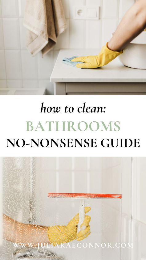 HOW TO CLEAN BATHROOMS WITH IMAGES ON HAND IN YELLOW CLEANING GLOVE WIPING A WHITE BATHROOM COUNTER Best Way To Clean Bathroom, How To Clean Bathroom, Clean Bathroom, Clean Bathroom Floor, Clean Bathroom Sink, Deep Clean Bathroom, Cleaning Inspiration, Sanitize Toothbrush, Cleaning Gloves