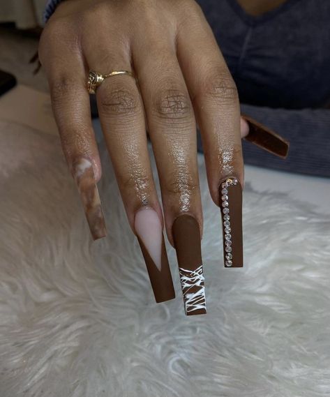 Brown Baddie Nails, Polygel Ideas, Boujie Nails, Purple Marble Nails, Watercolor Nails, Nails Abstract, Brown Acrylic Nails, Abstract Nails, Tapered Square Nails