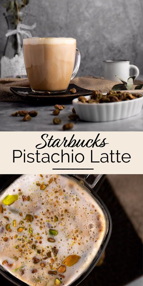 This homemade starbucks pistachio latte is so easy to make at home, you can have this fancy starbucks drink all winter long. Made with strong espresso, milk, and pistachio syrup. Topped with frothed milk, and a brown butter brown sugar topping, just like the starbucks version. Starbucks Pistachio Latte, Pistachio Coffee, Pistachio Latte, Warm Drinks Recipes, Pistachio Syrup, Homemade Starbucks, Hot Drinks Recipes, Homemade Syrup, Starbucks Drink