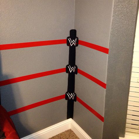 My sons wrestling room Wwe Room Ideas Bedroom, Wrestling Bedroom Ideas, Wrestling Room Ideas, Wwe Bedroom Ideas, Wwe Bedroom Decor, Wwe Decorations, Diy Wwe, Wwe Bedroom, Wrestling Room