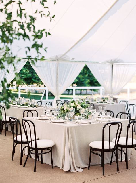 This all white with green table decor was gorgeous at the reception. With clear glasses and candles it gives a very upscale look. #Wedding #TableDecor #AllWhite #Green #Reception |  Martha Stewart Weddings - This Upscale California Garden Party Is Proof That a Classic Wedding Can Feel Personal Rectangular Wedding Table Decor, Square Table Centerpiece, Square Wedding Tables, Wedding Brewery, Guest Table Decor, California Desert Wedding, Pastel Invitation, Wedding Tops, Reception Table Centerpieces