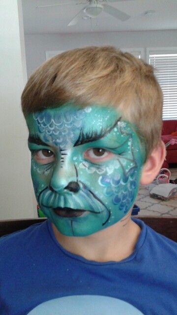 Sea monster face paint original design by me. Sea Monster Face Paint, Monster Face Paint, Alien Face Paint, Kid Makeup, Monster Face Painting, Mermaid Octopus, Halloween Makeup For Kids, Alien Face, Monster Halloween