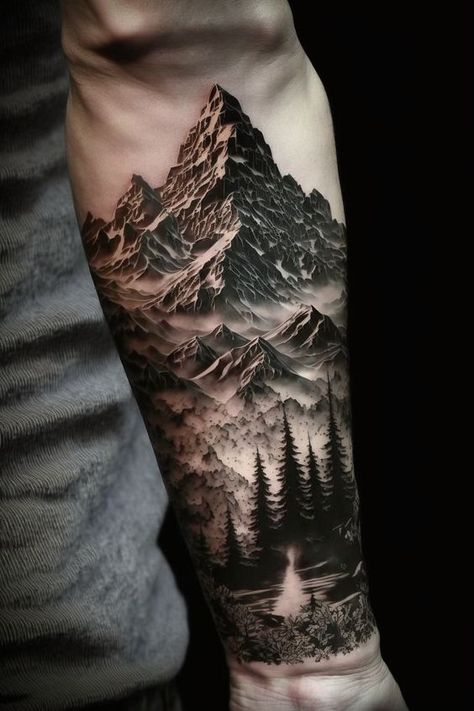 Elevate your style with mountain tattoos. In this article, we will share the best designs from geometric lines to realistic depictions. Mountain Sleeve Tattoo, Mountain Tattoo Ideas, Forest Forearm Tattoo, Forest Tattoo Sleeve, Arm Tattoo Men, Natur Tattoo Arm, Tattoo Mountain, Mountain Tattoos, Simple Forearm Tattoos