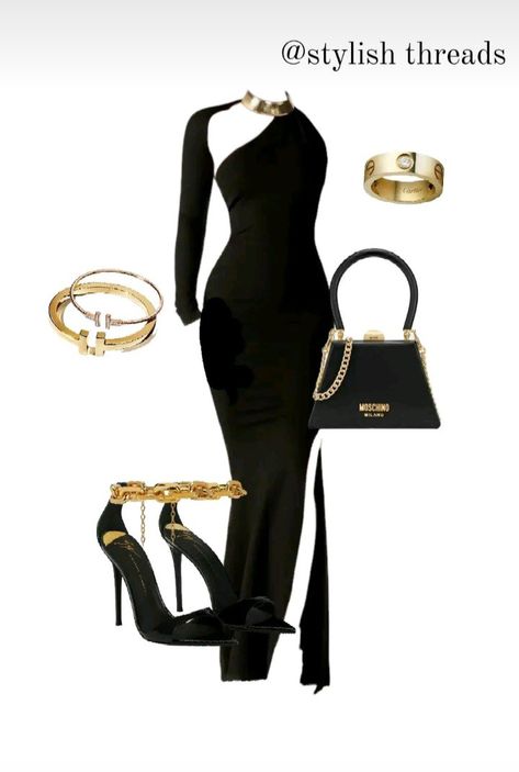 Cocktail Attire For Women Business Night, Formal Black Dress Outfit Classy, Black And Gold Dress Formal Classy, Birthday Dresses For Women Classy Outfit, Rich Lady Outfit, Gala Outfits For Women, Black Lace Outfit, All White Party Outfits, Dress With Crystals