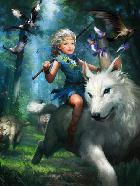 Little girl riding a white wolf with birds and more wolves Wolf Child, Legend Of The Cryptids, Child Art, Charcoal Drawings, Digital Art Gallery, Art Et Illustration, White Wolf, Wolf Art, 판타지 아트