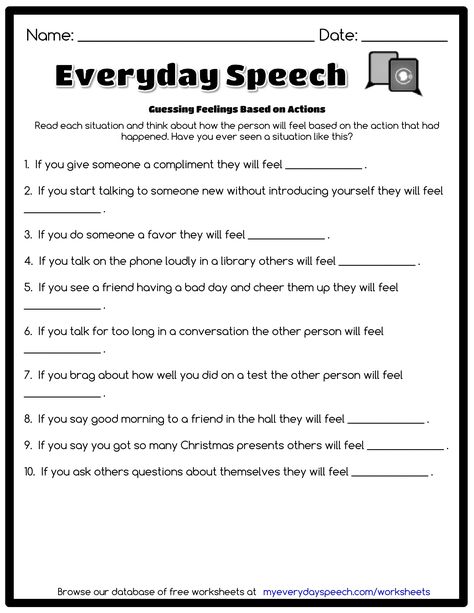 Check out the worksheet I just made using Everyday Speech's worksheet creator! Guessing Feelings Based on Actions - Read each situation and think about how the person will feel based on the action that had happened. Have you ever seen a situation like this? Rbt Activities, Social Skills Worksheets, Everyday Speech, 2nd Grade Reading Worksheets, Speech Therapy Worksheets, Coping Skills Worksheets, 2nd Grade Reading Comprehension, Introducing Yourself, Everyday English