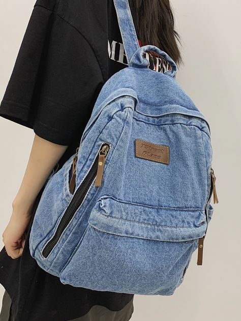 Baby Blue Preppy Collar  Fabric Plain Classic Backpack Embellished   Women Bags Backpack Jeans, Mochila Jeans, Preppy Backpack, High School Backpack, Jeans Backpack, Blue Preppy, Jean Backpack, Jean Purse, Denim Backpack