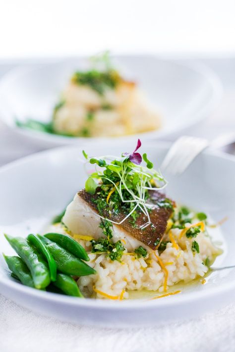 A simple delicious recipe for Seared Black Cod (or halibut, sea bass or scallops) with a lightened up Meyer Lemon Risotto and Gremolata- a flavorful green herb sauce. | ww.feastingathome.com Lemon Risotto, Feasting At Home, Best Fish Recipes, Black Cod, Herb Sauce, Cod Recipes, Fish Recipes Healthy, Risotto Recipes, Healthy Fish