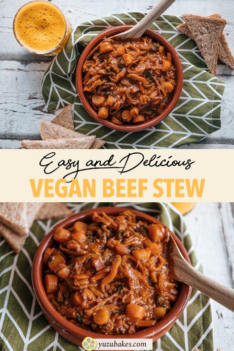 Vegan Beef Stew - This vegan beef stew is made using shredded oyster mushrooms in a delicious ale based sauce. Our healthy vegan beef stew is slow-cooked so the mushrooms become incredibly tender and they melt in your mouth, much like the real deal. Learn how to make this easy vegan dish. #vegan #veganstew #veganbeefstew #vegandish Vegan Shredded Beef, Vegan Beef Stew, Vegan Dishes Easy, Beef And Mushroom Stew, Vegan Pulled Pork, Mushroom Stew, Vegan Beef, Vegan Stew, Beef Stew Crockpot