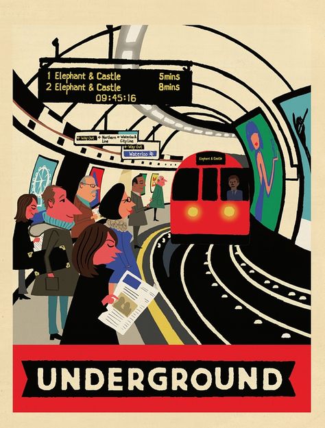 THE UNDERGROUND is the oldest underground railway in the world. It is known as ‘the Tube’ due to the shape of its tunnels. Train Illustration, London Illustration, Elephant And Castle, Train Posters, London Tube, Transportation Poster, Underground Art, London Poster, Commonplace Book