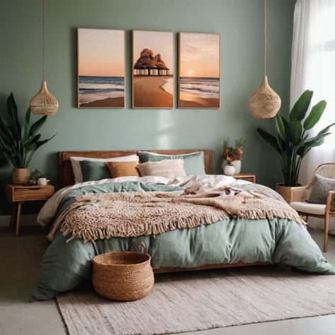 Teal And Beige Bedroom, Bedroom Ideas With Wallpaper, Summer Bedroom Ideas, Blue Green Bedrooms, Blue Bedroom Design, Brown Rooms, Summer Bedroom, Sage Green Bedroom, Coastal Boho