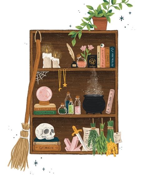 Witch Shelf, Drawing Decor, Painted Bookshelves, Witch Room, Witchy Halloween, Home Design Inspiration, Print Illustration, Witch Art, Halloween Spooky