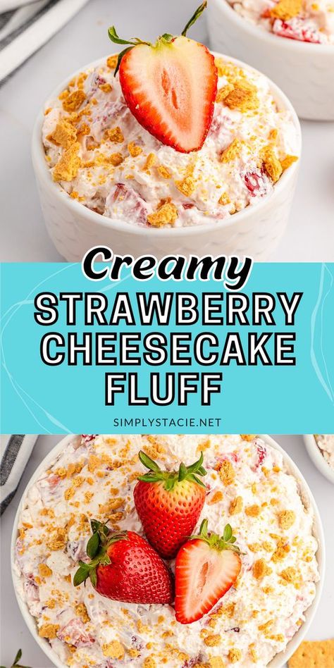 This no-bake Strawberry Cheesecake Fluff is a rich and creamy bowl of strawberry cheesecake goodness. Made with fresh strawberries, this light and delicious treat is the perfect addition to BBQs, potlucks, or any occasion that calls for a fun and easy dessert that will leave everyone wanting more. Strawberry Cheesecake Fluff Recipe, Strawberry Cheesecake Fluff, Strawberry Cheesecake Salad, Cheesecake Fluff, Strawberry Fluff, Fluff Recipe, Fluff Desserts, Baked Strawberries, Wanting More