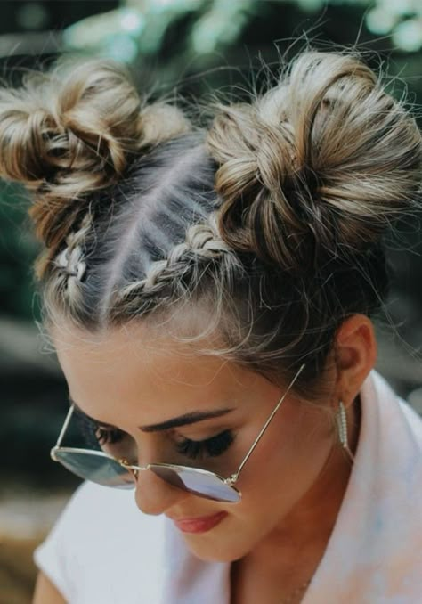 Wedding Space Buns Hairstyle, Pigtail Ideas For Women, French Plait Space Buns, French Braids Into Space Buns, Bubble Updo Hairstyles, Bubble Braid Into Space Bun, Bubble Braids Into Space Buns, French Braid With Space Buns, Low Pony With Bubble Braids