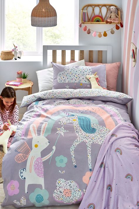 Buy 100% Cotton Ditsy Unicorn Reversible Duvet Cover and Pillowcase Set from the Next UK online shop Childrens Bedding Sets, Unicorn Bedroom, Rainbow Room, Nursery Room Inspiration, Kids Bedding Sets, Reversible Duvet Covers, Girl Beds, Childrens Beds, Toddler Room