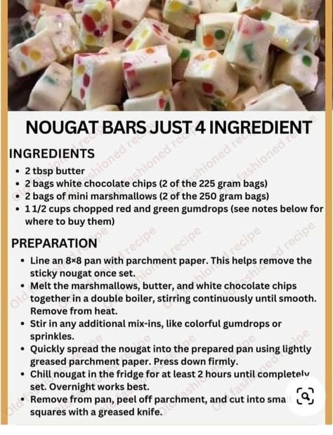 Nougat Bars, Nougat Recipe, Christmas Candy Homemade, Easy Christmas Candy Recipes, Easy Candy Recipes, Learning And Growing, Recipe Paper, Fudge Recipes Easy, Holiday Party Foods