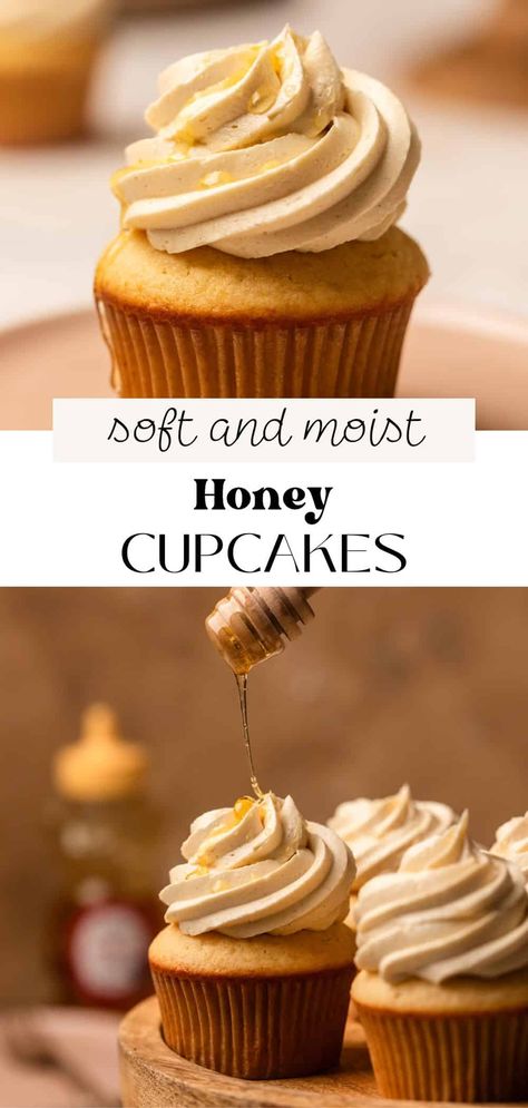 These soft and fluffy honey cupcakes have a floral, subtle honey flavor with salted honey buttercream frosting swirled on top. Honey is in the cake, in the frosting, and drizzled on top, making it the star ingredient of these delicious cupcakes! Icing Recipe Flavored, Honey Cake Cupcakes, Lemon Honey Cupcakes, Honey Flavored Cake, Honey Inspired Food, Honey Bun Cupcakes, Recipes For Honey, Honey Cupcake Recipe, Cupcake Icing Ideas