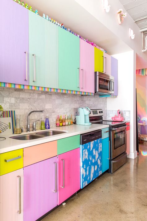 DIY Washi Tape Kitchen Cabinet Costs | Apartment Therapy Cost Of Kitchen Cabinets, Colorful Apartment, Washi Tape Diy, Kitchen Upgrades, Apartment Kitchen, Favorite Kitchen, Cheap Decor, Kitchen Colors, Cheap Home Decor