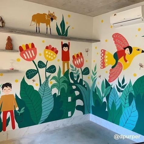 Wall Painting School Art Ideas, Mural Wall Art Kids, Murals For School, Kids Mural Wall, Kids Wall Murals Painted, Creative Wall Painting Murals, Children Room Wall Painting, Nursery Murals Painted, Plant Mural Wall