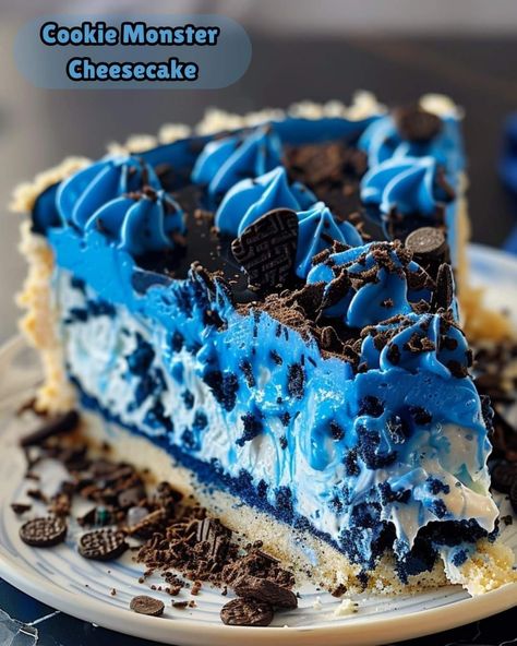 Cookie Monster Cheesecake, Monster Cheesecake, Blue Cheesecake, Cookies And Cream Cheesecake, Cream Cheesecake, Blue Cookies, Sweet Recipes Desserts, Cheesecake Desserts, Easy Baking Recipes Desserts