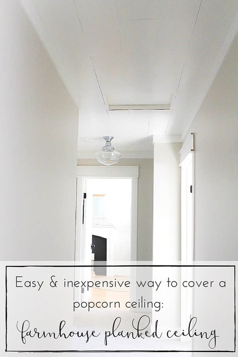 Easy and Inexpensive way to cover popcorn ceilings: A farmhouse style planked ceiling tutorial. Planked Ceiling, Ceiling Remodel, Covering Popcorn Ceiling, Design Seed, Cheap Interior Design, Kids Bedroom Remodel, Plank Ceiling, Popcorn Ceiling, Diy Ceiling