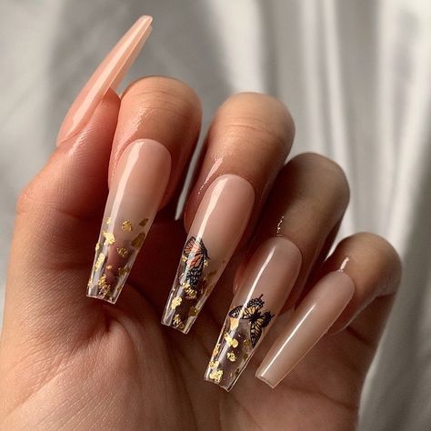 Gold Butterfly Nails, Butterfly Nails, Simple Acrylic Nails, Butterfly Nail, Brown Nails, Gold Butterfly, Gold Nails, Butterfly Wings, Brown Gold