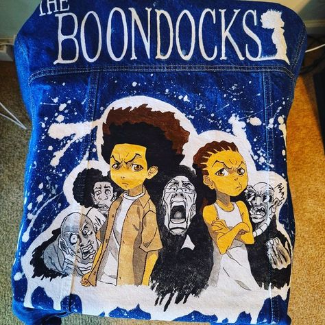 Custom hand painted Boondocks-themed jean jacket Diy Jeans, Custom Jeans, Marvel Comic Character, Jeans Diy, Custom Hand Painted, Comic Character, Custom Clothes, Marvel Comics, Jean Jacket