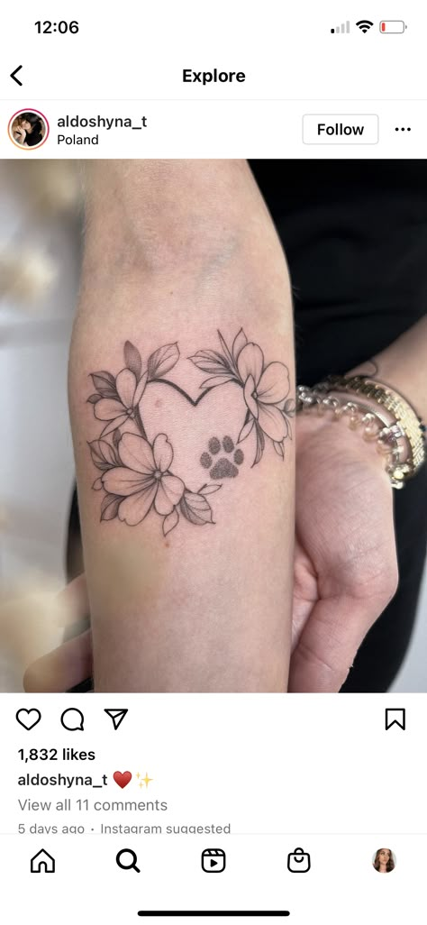 Lily Tattoo With Paw Print, Floral Dog Paw Print Tattoo, Paw Print Shoulder Tattoo, Flowers And Paw Print Tattoo, Paws And Flowers Tattoo, Dog Paw And Flower Tattoo, Love Animals Tattoo, Paw Flower Tattoo, Paw Print And Flower Tattoo