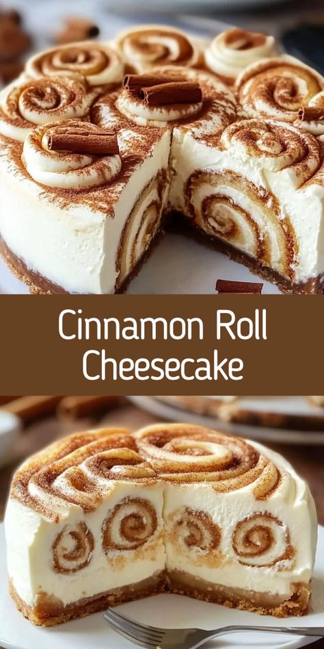 This Cinnamon Roll Cheesecake is the ultimate dessert combo! Creamy, cinnamon-swirled goodness that melts in your mouth.   Ingredients:  2 cups graham cracker crumbs 1/2 cup unsalted butter, melted 2 tablespoons sugar 2 teaspoons cinnamon 3 packages (8 oz each) cream cheese, softened 1 cup sugar 1 teaspoon vanilla extract 3 large eggs 1/2 cup sour cream 1/2 cup brown sugar 1 tablespoon ground cinnamon 1/4 cup melted butter (for cinnamon swirl) Cream cheese frosting (optional, for topping) Soft And Fluffy Cinnamon-walnut Rolls With Cream Cheese Frosting, Cinnamon Bun Cheesecake Recipe, Cinnamon Honey Bun Cheesecake, No Bake Cinnamon Roll Cheesecake, Cinnamon Roll Cheesecake Recipes, Cinnamon Bun Cheesecake, Carrot Cake Cinnamon Rolls, Carrot Cake Cheesecake Recipe, Cream Cheese Cheesecake