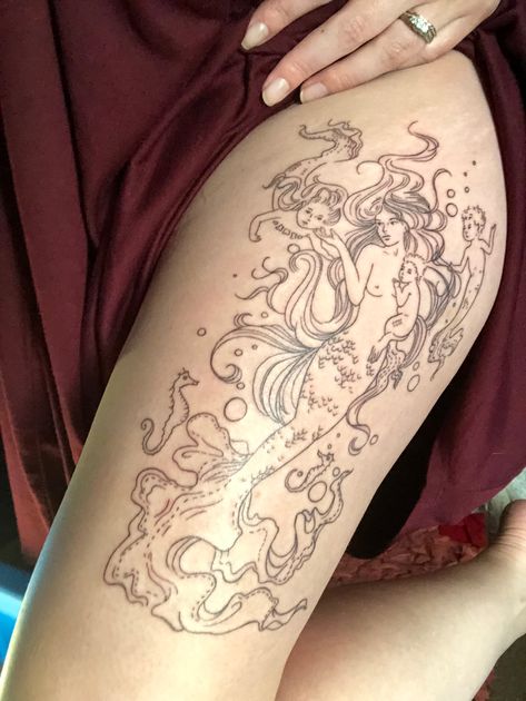 My commissioned piece :) still considering having it colored. Mermaid mother and three babies. Mom Mermaid Tattoo, Mermaid Mother Tattoo, Mother Of Three Tattoo Ideas, Baby Mermaid Tattoo, Mother Daughter Mermaids, Pretty Tattoo Ideas, Wife Tattoos, Mommy Daughter Tattoos, Leg Sleeve Ideas