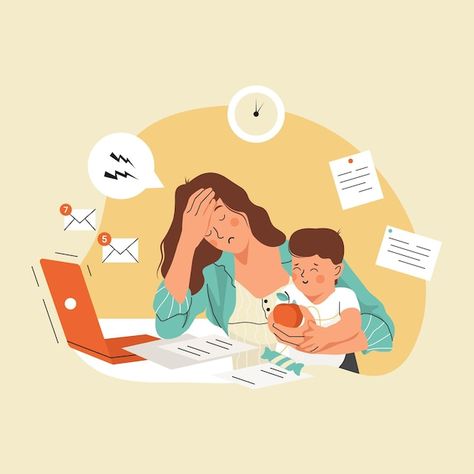 Vector tired mom trying to work, holding... | Premium Vector #Freepik #vector #working-mother #busy-mom #sad-mother #tired-mom Mother With Child, Baby Illustration, Flat Vector Illustration, Tired Mom, Family Images, Holding Baby, Mom Art, Busy Parents, Working Mother