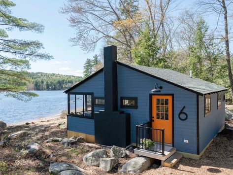 Minnesota Lake House, Cottage Lake House, Cabin Renovation, Orange Door, Cabin Exterior, Easy Landscaping, White Backsplash, Boho Farmhouse, House Hunters