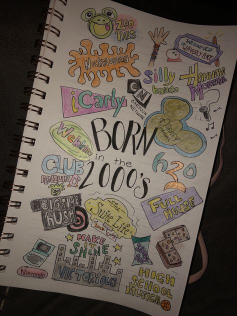 Born In The 2000s Drawings, Early 2000s Drawing, Y2k Journal Ideas, Baby Bullet Journal, Nostalgia Journal, Bullet Journal Drawings, 2000s Drawings, Drawing Ideas Simple, Born In The 2000s