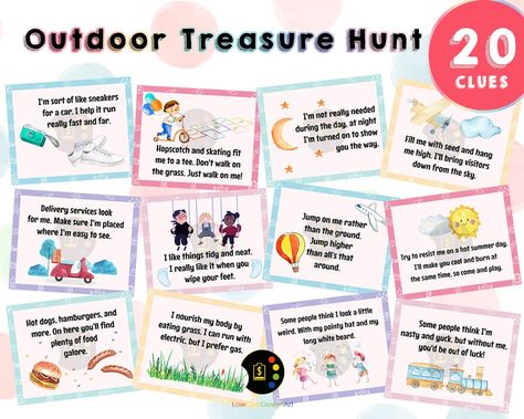 Park Scavenger Hunt Clues, Scavenger Hunt Riddles Outdoor, Treasure Hunt Clues For Kids Outdoor, Treasure Hunt Clues Outdoor, Backyard Treasure Hunt, Outdoor Scavenger Hunt Clues, Treasure Hunt Clues For Kids, Treasure Hunt Riddles, Camping Scavenger Hunts