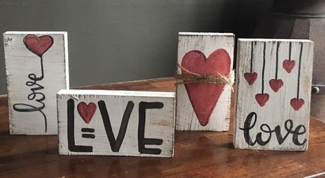 Valentine Signs Ideas, Valentine Wood Art, 4x4 Wood Crafts Valentines Day, Diy Rustic Valentines Decor, Valentine Blocks Diy Wood Crafts, Valentine's Wood Crafts, Diy Valentines Signs, Scrap Wood Valentine Projects, Valentine Wooden Crafts