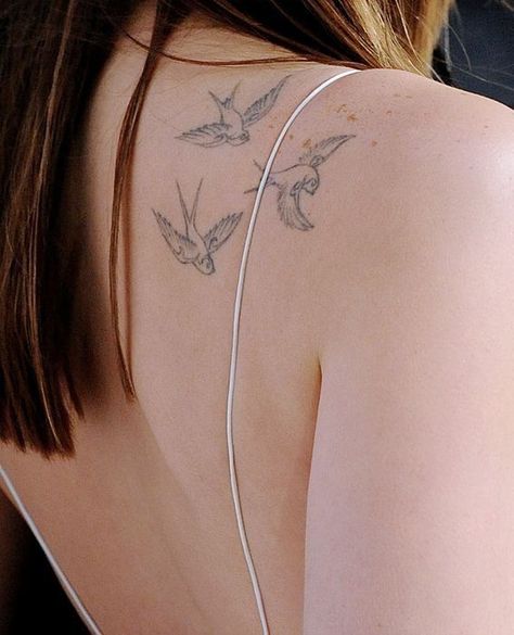 Three Birds Tattoo, Bird Shoulder Tattoos, Bird Tattoo Back, Little Bird Tattoos, Small Back Tattoos, 12 Tattoos, Flying Tattoo, Health Tattoo, Back Of Shoulder Tattoo