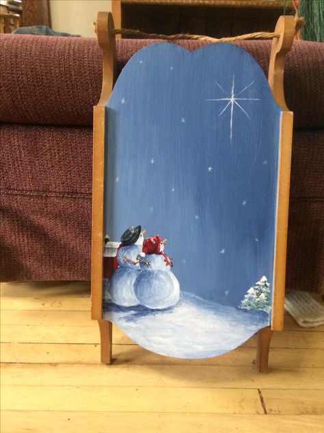 Snowman painted mini sled Ornament Painting Ideas, Sleigh Ornaments, Ornament Painting, Wooden Sleigh, Art Inspiration Ideas, Christmas Sled, Christmas Paintings On Canvas, Painted Christmas Ornaments, Snowman Painting