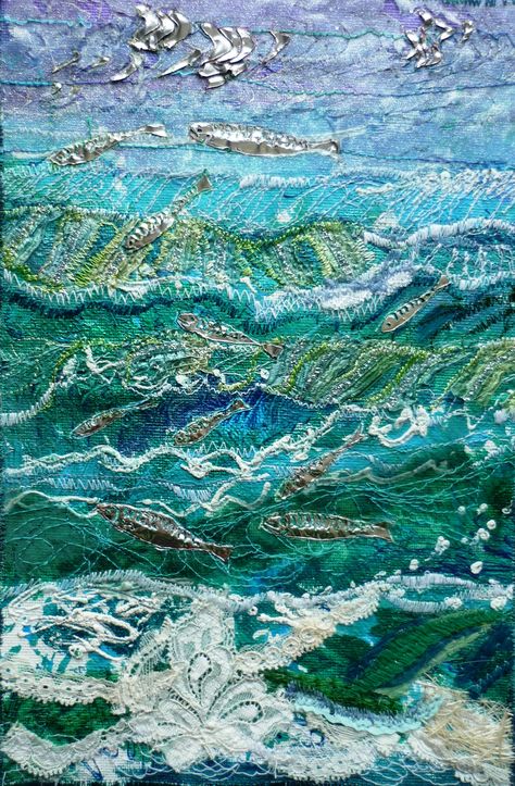 Mackerel Sky Waterfalls Landscape, Seascape Quilts, Ocean Quilt, Mixed Media Textiles, Landscape Art Quilts, Art Quilting, Landscape Quilt, Textile Art Embroidery, Textiles Projects