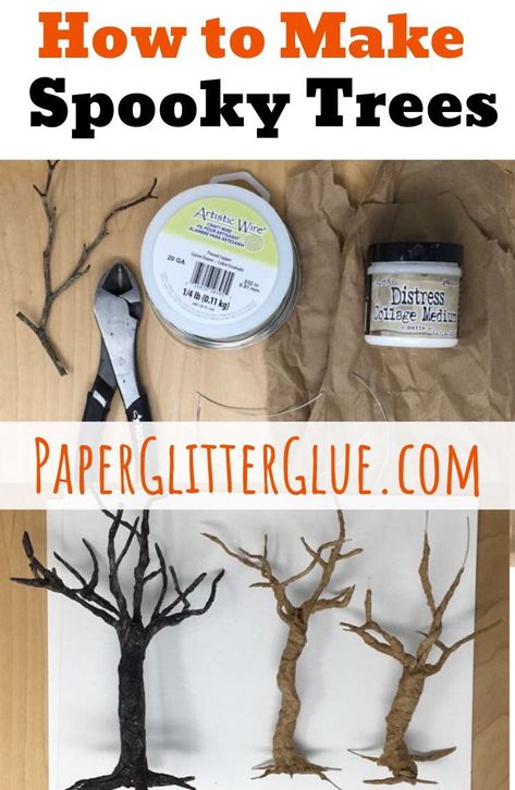 Halloween Village Trees Diy, Halloween Village Diy Accessories, Spooky Diorama Ideas, Diy Dollhouse Halloween, Diy Spooky Tree Decoration, Diy Tree Branch Halloween Decor, Diy Halloween Village Accessories, Diy Mini Halloween Decorations, Halloween Miniature House