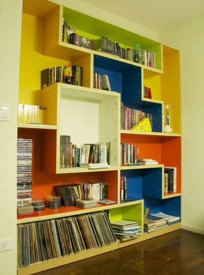 Colorful Modular Tetris Bookshelf » Man Made DIY | Crafts for Men « Keywords: color, bookshelf, tetris, modular Diy Dvd Shelves, Built In Bookcase, Boy Bedroom, Game Room Decor, Boy's Bedroom, Book Shelf, Apartment Therapy, Boy Room, Game Room