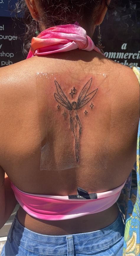 Warrior Fairy Tattoo, Fairy Spine Tattoo, Afro Fairy Tattoo, Black Fairy Tattoo, Pixie Wings Tattoo, Fairy Wings Tattoo, Baddie Tats, Pixie Tattoo, Pixie Wings