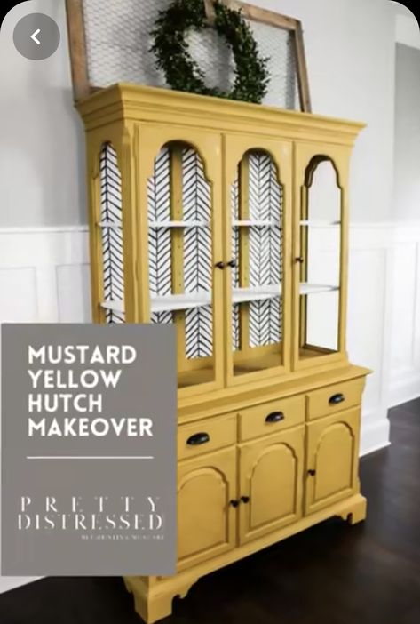 Yellow China Cabinet, Painted Hutch, Yellow Cabinets, Hutch Makeover, Dining Room Makeover, Cabinet Makeover, Furniture Rehab, Furniture Redo, Redo Furniture