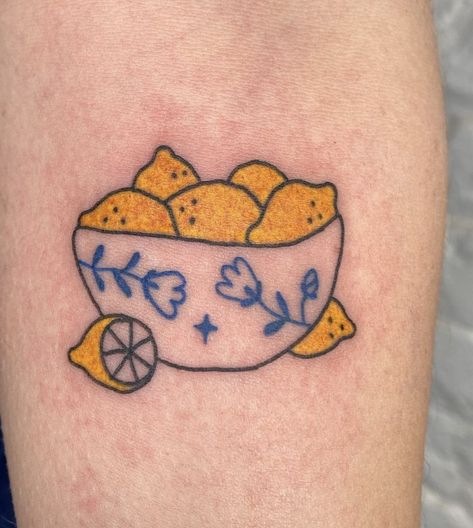 Small Yellow Tattoo, Fruit Tattoo Aesthetic, Matching Fruit Tattoos, Yakult Tattoo, Fruit Sticker Tattoo, Traditional Lemon Tattoo, Orange Tattoos Fruit, Fruit And Veggie Tattoo, Peas Tattoo