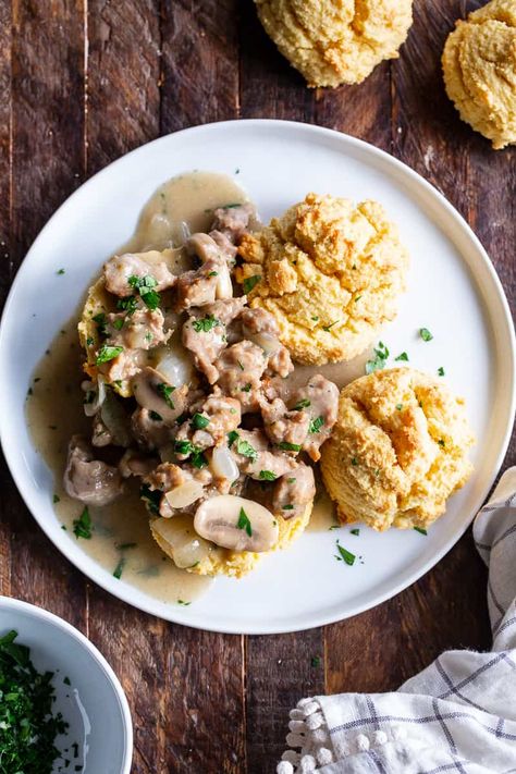 Easy to make, quick and healthy mushroom sausage gravy with paleo and keto friendly biscuits. This meal is great anytime you’re craving savory, hearty comfort food. Gluten free, dairy free, sugar free. Paleo Sausage Gravy, Biscuits Gluten Free, Mushroom Sausage, Gravy And Biscuits, Sausage Gravy And Biscuits, Baking With Coconut Flour, Chicken Pot Pie Soup, Pot Pie Soup, Keto Biscuits